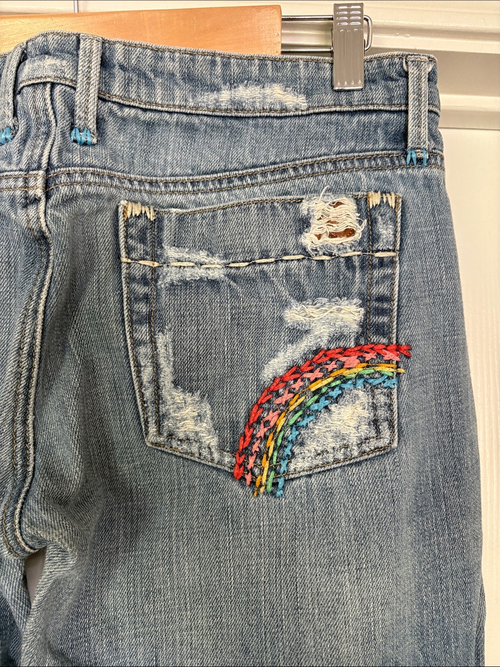 Joe's Jeans 1971 Light Blue Distressed Flare Jeans with Rainbow Embroidery - Picture 3 of 7
